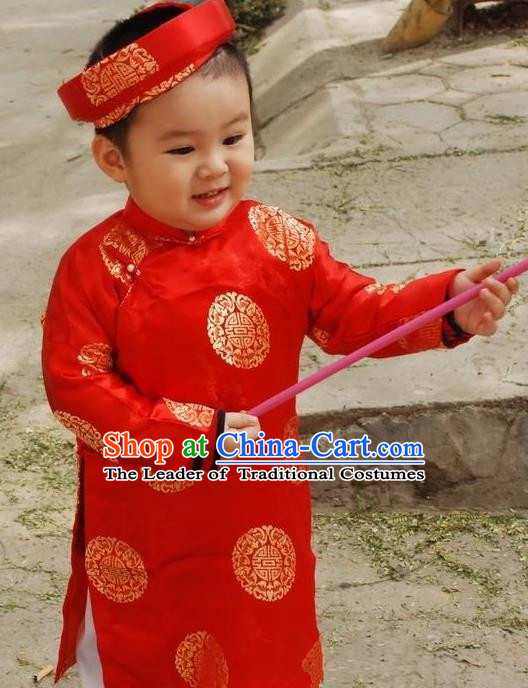 Top Grade Asian Vietnamese Traditional Dress, Vietnam National Children Ao Dai Dress, Vietnam Girls Red Dress Cheongsam Clothing for Kids