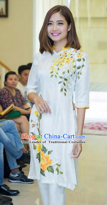 Top Grade Asian Vietnamese Traditional Dress, Vietnam National Young Lady Ao Dai Dress, Vietnam Bride White Cheongsam Printing Blouse for Women