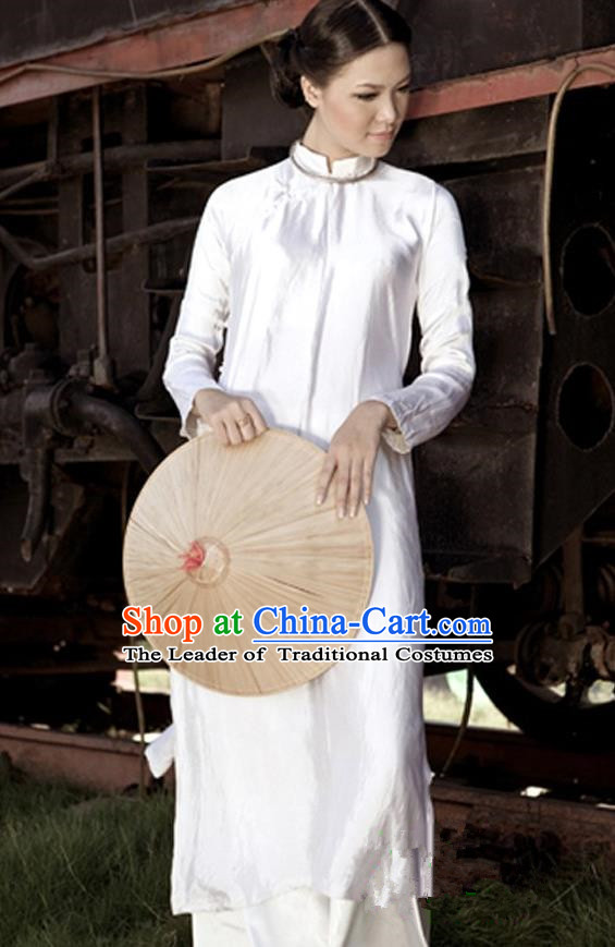 Top Grade Asian Vietnamese Traditional Dress, Vietnam National Young Lady Ao Dai Dress, Vietnam Queen White Brocade Cheongsam and Pants Complete Set for Women