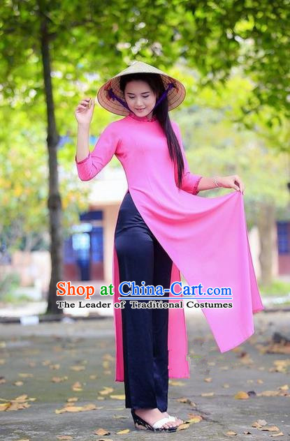 Top Grade Asian Vietnamese Traditional Dress, Vietnam National Young Lady Ao Dai Dress, Vietnam Princess Pink Cheongsam Dress for Women