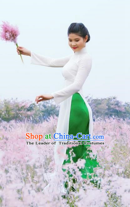 Top Grade Asian Vietnamese Traditional Dress, Vietnam National Dowager Ao Dai Dress, Vietnam White Dress and Pants Cheongsam Clothing for Woman