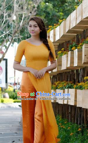 Top Grade Asian Vietnamese Traditional Dress, Vietnam National Dowager Ao Dai Dress, Vietnam Orange Cheongsam and Pants Clothing for Woman