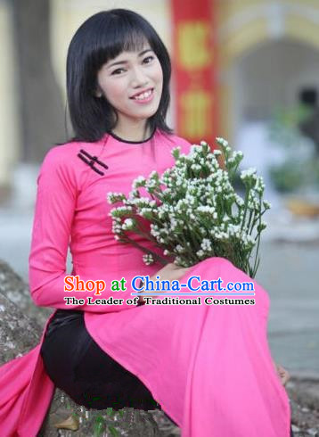 Top Grade Asian Vietnamese Traditional Dress, Vietnam National Dowager Ao Dai Dress, Vietnam Pink Ao Dai Cheongsam Dress and Pants for Woman