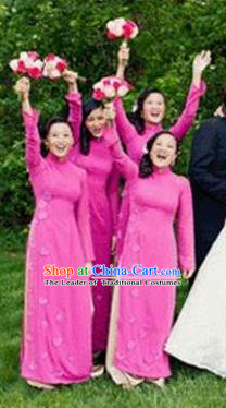 Top Grade Asian Vietnamese Traditional Dress, Vietnam National Princess Ao Dai Dress, Vietnam Bride Rose Flower Ao Dai Cheongsam Dress Clothing for Woman