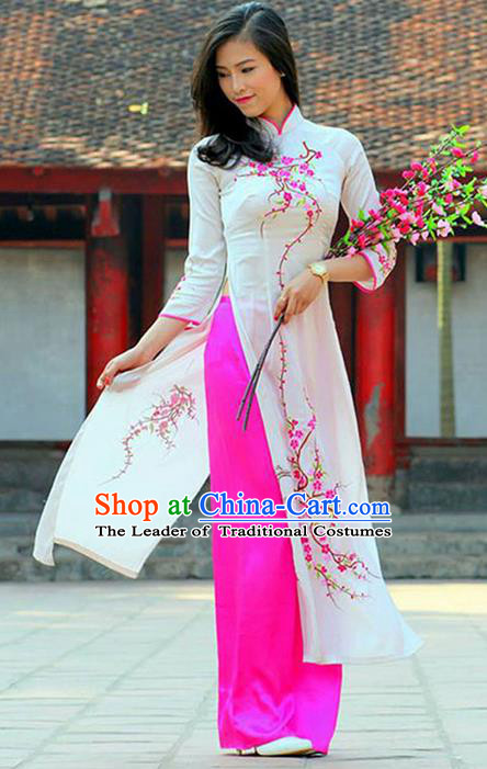 Top Grade Asian Vietnamese Traditional Dress, Vietnam National Princess Ao Dai Dress, Vietnam White Embroidered Ao Dai Cheongsam Dress and Pants Clothing for Woman