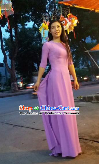 Top Grade Asian Vietnamese Traditional Dress, Vietnam National Queen Ao Dai Dress, Vietnam Palace Princess Purple Chiffon Ao Dai Cheongsam Dress Clothing for Woman