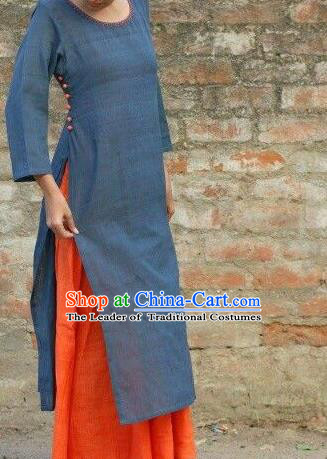 Traditional Top Grade Asian Vietnamese Dress, Vietnam National Female Ao Dai Dress Women Navy Linen Ao Dai Cheongsam Clothing