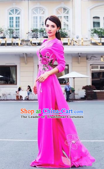 Traditional Top Grade Asian Vietnamese Dress, Vietnam National Female Handmade Ao Dai Dress Bride Wedding Embroidered Flowers Rose Cheongsam Clothing