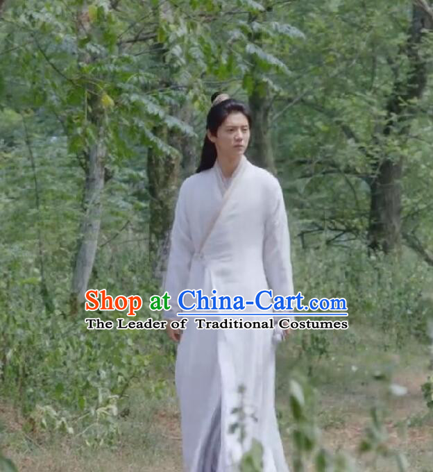 Chinese Ancient Tang Dynasty Taoist Priest Costume and Headwear, Fighter of the Destiny Traditional Chinese Ancient Taoism Swordsman Clothing Complete Set for Men