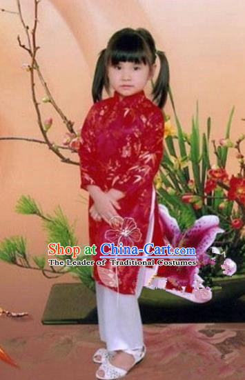 Traditional Top Grade Asian Vietnamese Dress, Vietnam National Girls Handmade Red Clothing Cheongsam and Pants Complete Set for Children