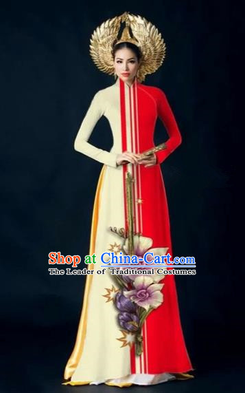 Traditional Top Grade Asian Vietnamese Costumes Dance Dress and Pants Complete Set, Vietnam National Women Ao Dai Dress Flowers Painting Red Cheongsam Clothing