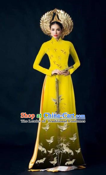 Traditional Top Grade Asian Vietnamese Costumes Dance Dress and Pants Complete Set, Vietnam National Women Ao Dai Dress Crane Painting Yellow Cheongsam Clothing