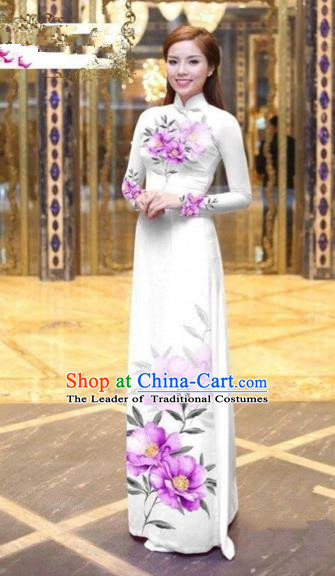 Traditional Top Grade Asian Vietnamese Costumes Dance Dress, Vietnam National Female Handmade Printing Pink Flowers Ao Dai Dress Cheongsam Clothing for Women