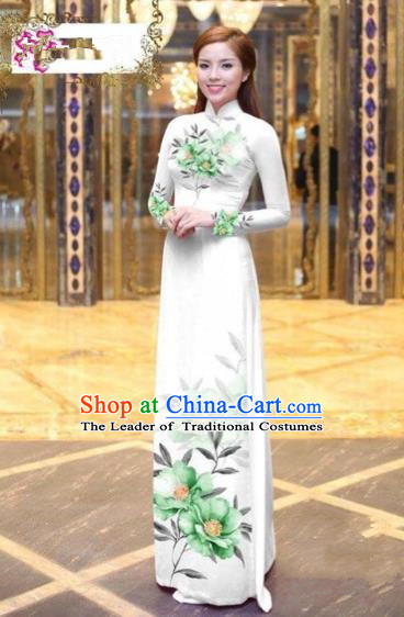 Traditional Top Grade Asian Vietnamese Costumes Dance Dress, Vietnam National Female Handmade Printing Green Flowers Ao Dai Dress Cheongsam Clothing for Women