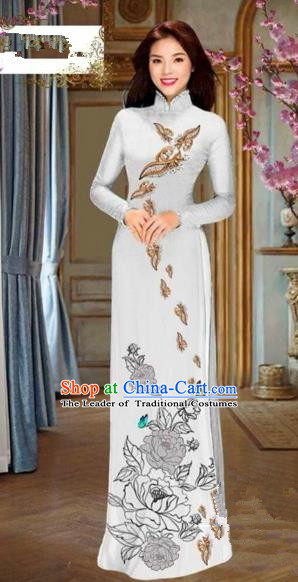 Traditional Top Grade Asian Vietnamese Costumes Dance Dress and Pants, Vietnam National Female Handmade Printing Flowers Ao Dai Dress Cheongsam Clothing for Women