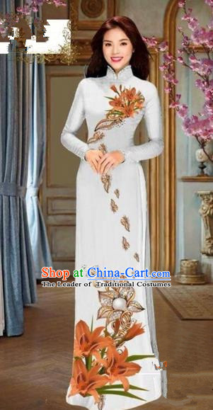 Traditional Top Grade Asian Vietnamese Costumes Dance Dress and Pants, Vietnam National Female Handmade Printing Orange Flowers Ao Dai Dress Cheongsam Clothing for Women