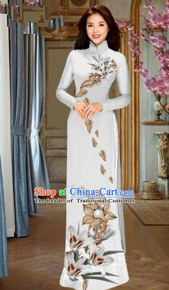 Traditional Top Grade Asian Vietnamese Costumes Dance Dress and Pants, Vietnam National Female Handmade Printing White Flowers Ao Dai Dress Cheongsam Clothing for Women