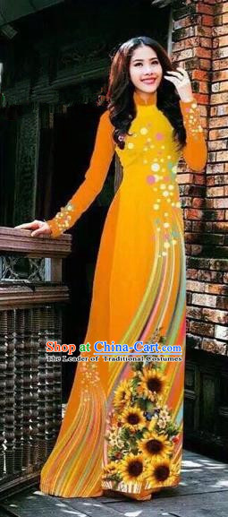 Traditional Top Grade Asian Vietnamese Costumes Handmade Dance Dress, Vietnam National Female Printing Orange Ao Dai Dress Cheongsam Clothing for Women
