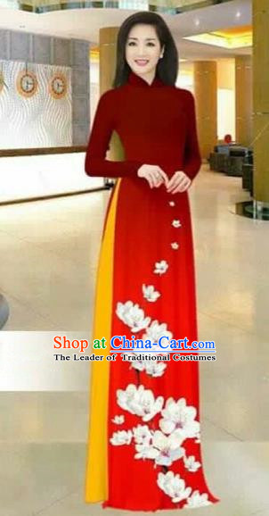 Traditional Top Grade Asian Vietnamese Costumes Dance Dress, Vietnam National Female Printing Flowers Red Ao Dai Dress Stand Collar Cheongsam Clothing for Women