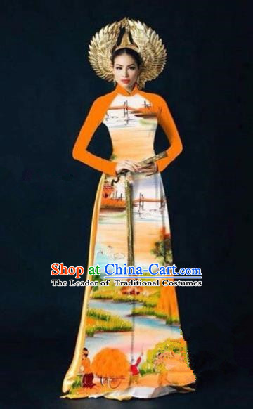 Traditional Top Grade Asian Vietnamese Costumes Dance Dress, Vietnam National Women Ao Dai Dress Printing Landscape Orange Cheongsam Clothing
