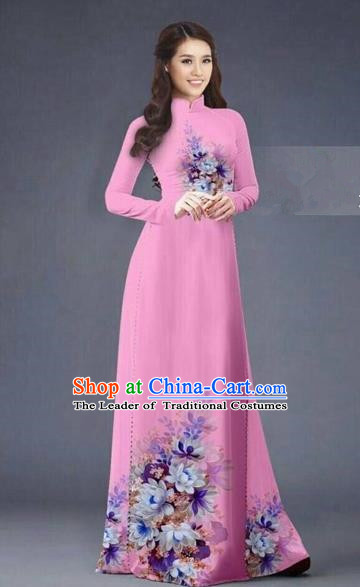 Traditional Top Grade Asian Vietnamese Costumes Dance Dress, Vietnam National Women Ao Dai Dress Printing Flowers Long Rose Cheongsam Clothing