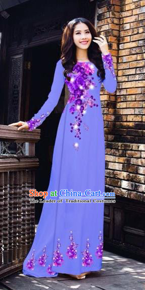 Traditional Top Grade Asian Vietnamese Costumes Dance Dress, Vietnam National Women Ao Dai Dress Printing Purple Flowers Blue Cheongsam Clothing