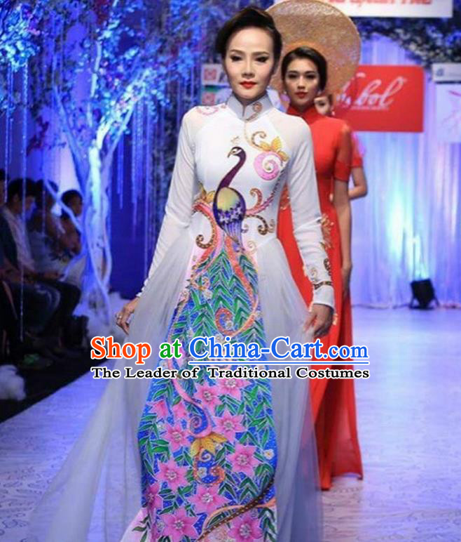 Traditional Top Grade Asian Vietnamese Costumes Classical Printing Peacock Pattern Full Dress, Vietnam National Ao Dai Dress Etiquette Qipao for Women