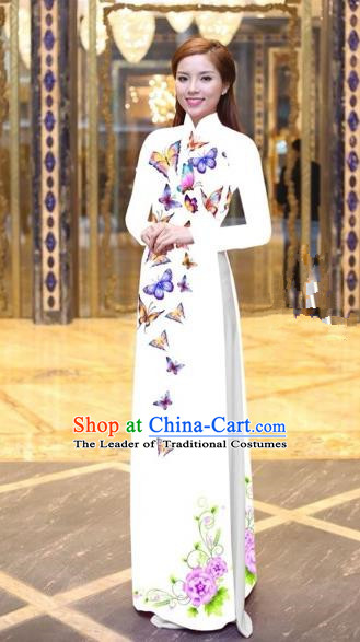Traditional Top Grade Asian Vietnamese Costumes Classical Printing Butterfly Pattern Full Dress, Vietnam National Ao Dai Dress White Etiquette Qipao for Women