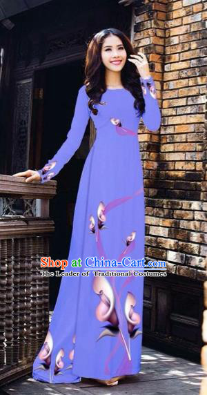 Traditional Top Grade Asian Vietnamese Costumes Classical Printing Flowers Pattern Full Dress, Vietnam National Ao Dai Dress Lilac Etiquette Qipao for Women