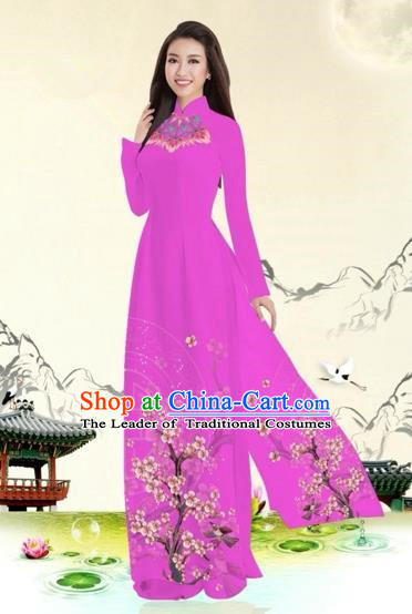 Traditional Top Grade Asian Vietnamese Costumes Classical Plum Blossom Pattern Full Dress, Vietnam National Ao Dai Dress Rosy Etiquette Qipao for Women