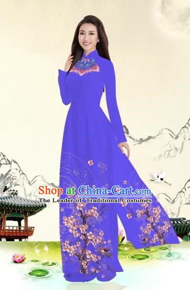 Traditional Top Grade Asian Vietnamese Costumes Classical Plum Blossom Pattern Full Dress, Vietnam National Ao Dai Dress Purple Etiquette Qipao for Women