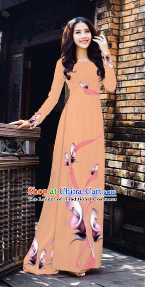 Traditional Top Grade Asian Vietnamese Costumes Classical Printing Flowers Pattern Full Dress, Vietnam National Ao Dai Dress Nude Pink Etiquette Qipao for Women
