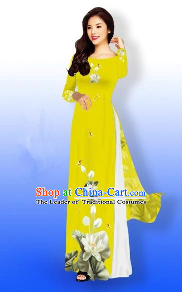 Traditional Top Grade Asian Vietnamese Costumes Full Dress, Vietnam National Ao Dai Dress Printing Flowers Round Collar Yellow Qipao for Women