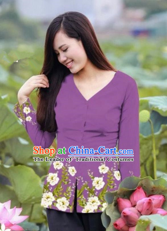Traditional Top Grade Asian Vietnamese Costumes, Vietnam National Ao Dai Printing Purple Blouse for Women