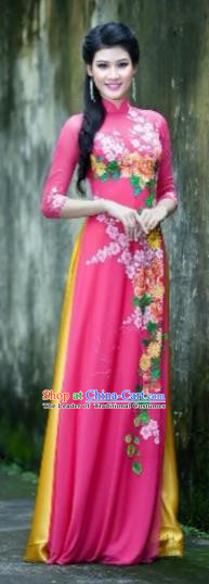 Traditional Top Grade Asian Vietnamese Costumes Classical Printing Flowers Full Dress, Vietnam National Ao Dai Dress Rosy Qipao for Women