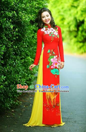 Traditional Top Grade Asian Vietnamese Costumes Classical Printing Wedding Full Dress, Vietnam National Ao Dai Dress Chinese Zodiac Pig Red Qipao for Women