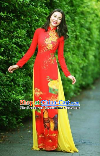 Traditional Top Grade Asian Vietnamese Costumes Classical Printing Wedding Full Dress, Vietnam National Ao Dai Dress Chinese Zodiac Rooster Red Qipao for Women