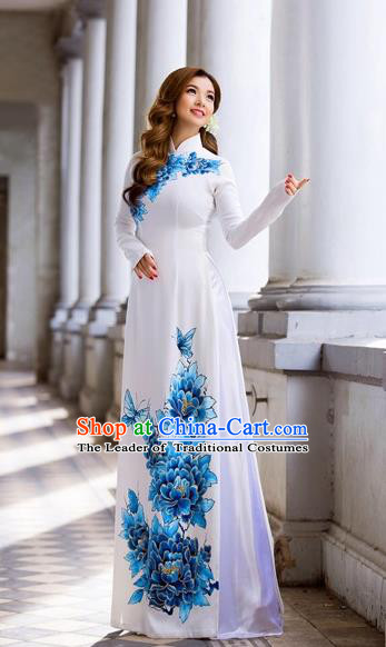 Traditional Top Grade Asian Vietnamese Costumes Classical Hand Printing Blue Flowers Dowager Full Dress, Vietnam National Ao Dai Dress Bride White Qipao for Women
