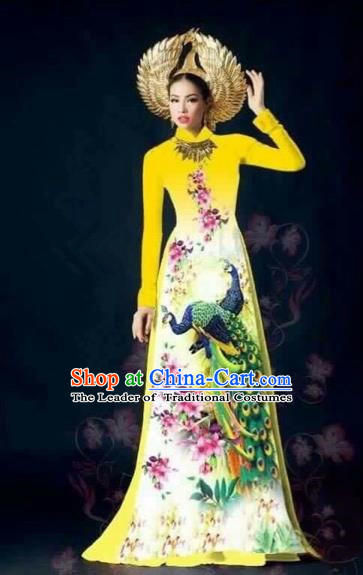 Traditional Top Grade Asian Vietnamese Costumes Classical Printing Peacock Full Dress, Vietnam National Ao Dai Dress Catwalks Yellow Qipao for Women