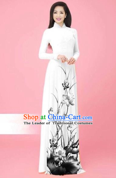 Traditional Top Grade Asian Vietnamese Costumes Classical Ink Painting Full Dress, Vietnam National Ao Dai Dress Catwalks White Qipao for Women