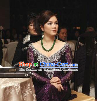 Traditional Top Grade Asian Vietnamese Costumes Classical Purple Full Dress, Vietnam National Ao Dai Dress Catwalks Dowager Beading Qipao for Women