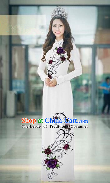 Traditional Top Grade Asian Vietnamese Costumes Classical Silk Printing Full Dress, Vietnam National Ao Dai Dress Catwalks Dowager White Qipao for Women