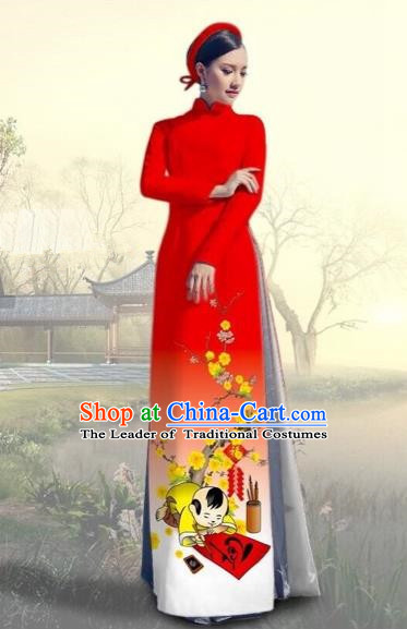 Traditional Top Grade Asian Vietnamese Costumes Classical Printing New Year Full Dress, Vietnam National Ao Dai Dress Catwalks Red Qipao for Women