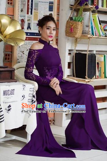 Traditional Top Grade Asian Vietnamese Costumes Classical Full Dress, Vietnam National Ao Dai Dress Catwalks Purple Lace Qipao for Women