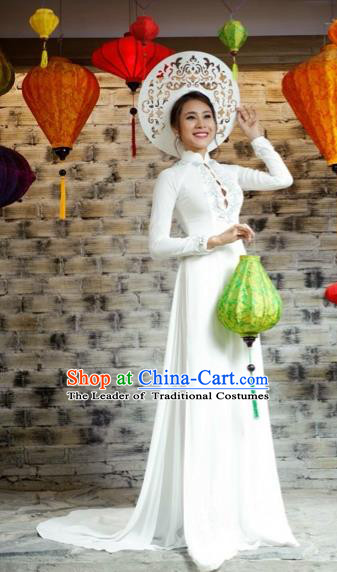 Traditional Top Grade Asian Vietnamese Costumes Classical Embroidery Full Dress, Vietnam National Ao Dai Dress Catwalks Bride White Qipao for Women