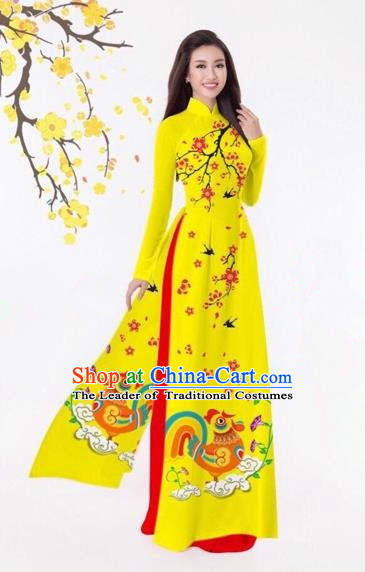 Traditional Top Grade Asian Vietnamese Costumes Classical Printing Yellow Full Dress, Vietnam National Ao Dai Dress Catwalks Debutante Qipao for Women