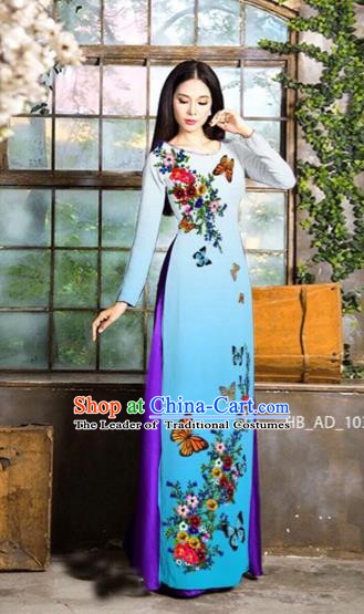 Traditional Top Grade Asian Vietnamese Costumes Classical Love of Butterfly Full Dress, Vietnam National Ao Dai Dress Blue Qipao for Women