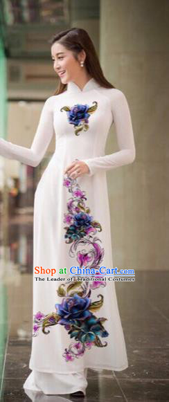 Traditional Top Grade Asian Vietnamese Costumes Classical Printing Flowers Full Dress, Vietnam National Ao Dai Dress White Qipao for Women