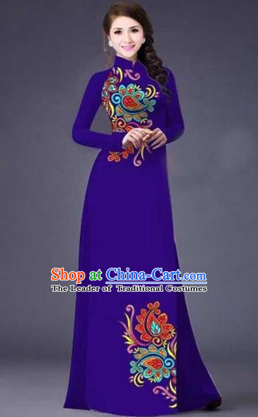 Traditional Top Grade Asian Vietnamese Costumes Classical Printing Flowers Pattern Full Dress, Vietnam National Ao Dai Dress Catwalks Purple Qipao for Women
