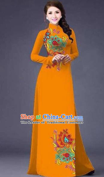 Traditional Top Grade Asian Vietnamese Costumes Classical Printing Flowers Pattern Full Dress, Vietnam National Ao Dai Dress Catwalks Ginger Qipao for Women